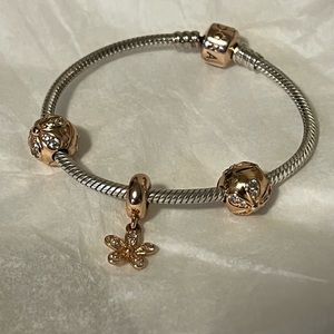 Pandora Moments Snake Chain Bracelet with 3 charms (boxes included)
